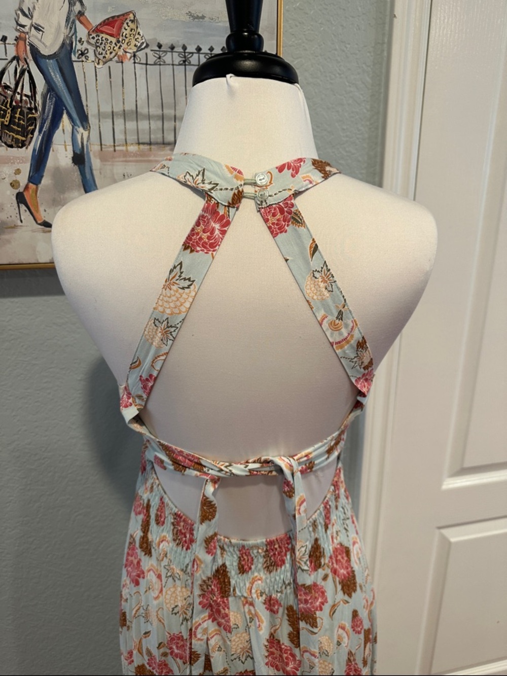 Jaase Sz Small Halter Maxi Dress in Light Blue and Pink Floral with Sexy Back - Picture 7 of 11